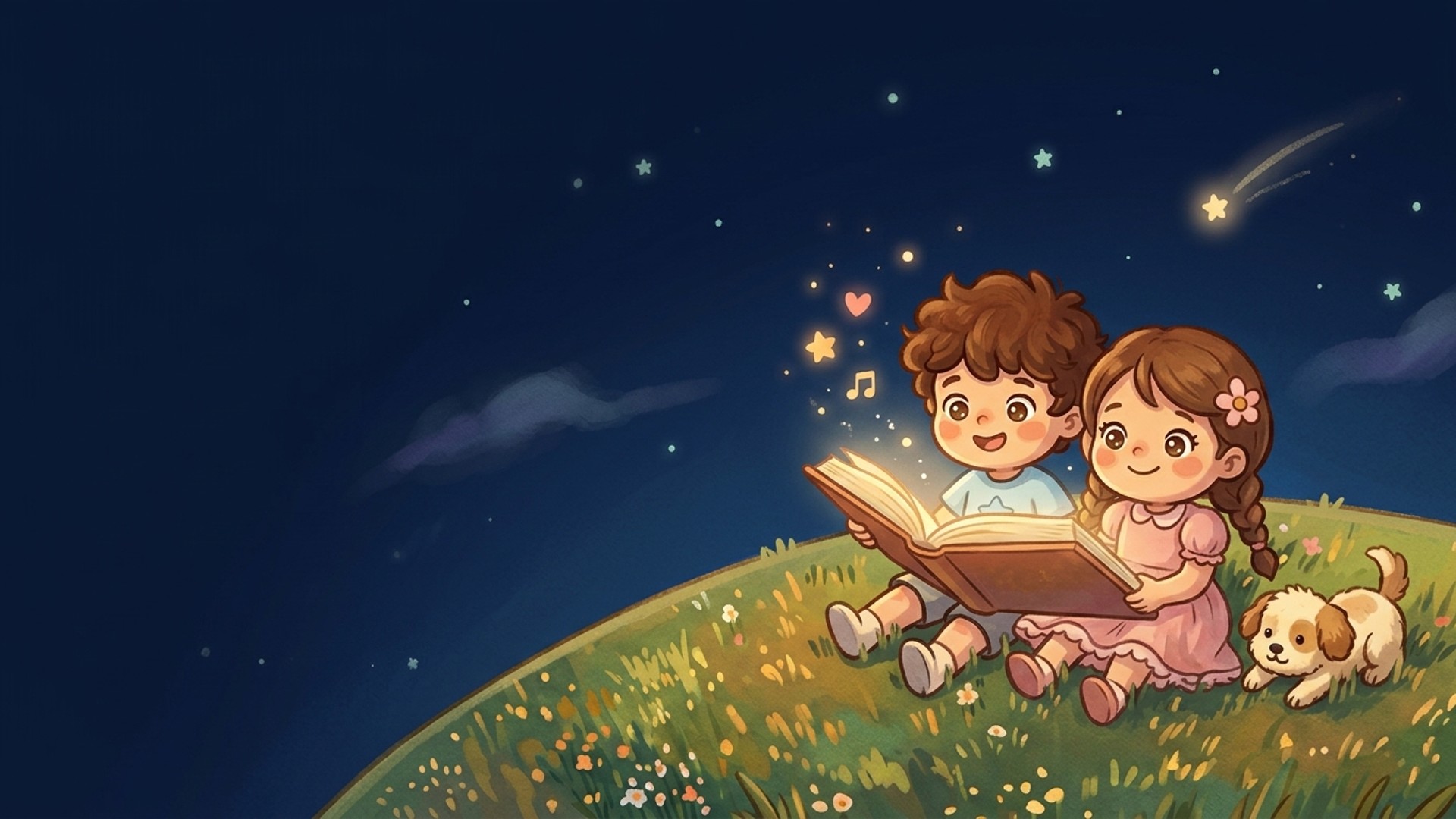 Two children reading a glowing storybook on a grassy planet under a starry sky, with a puppy beside them
